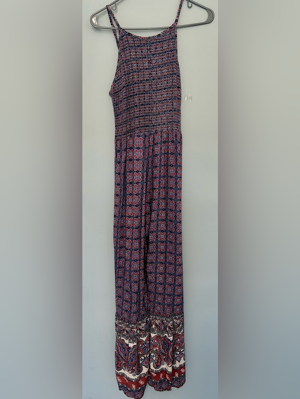 Angie Navy and Red Printed Smocked Waist Jumpsuit